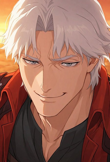 masterpiece, very aesthetic, absurdres, best quality, detailed face, detailed eyes, intricate details, 1boy, solo, dante, smile, smirk, single eyebrow up, white hair, curtained hair, armor, open jacket, shoulder armor, red jacket, shirt, coat, black shirt, jacket, grey eyes, closeup, portrait, outdoors, sunset, fantasy, cinematic,