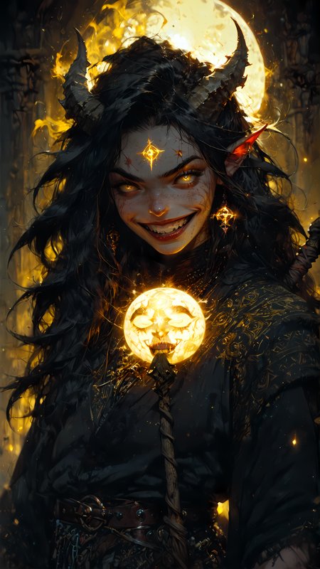 core_9, score_8_up, score_7_up, rating_safe,  dnd, d&d, warlock, tiefling, 
1girl, solo, standing in alcove, stonework, staff, holding glowing orb, evil smile, raised eyebrow, long hair, messy hair, horror, lovecraftian horror, yellow haze, glow from behind, laugh, open mouth, smirk, black hair, open white blouse, black jacket, leather belt, red skin, yellow glowing rune tattoos, horns, 
<lora:Expressive_H:1> <lora:Fant5yP0ny:1> <lora:Vixons Pomy Styles Gothic Neon:.45> <lora:HKStyle_V3:1>  <lora:Flash_Glowing_Runes_SDXL:1>  <lora:disgusted_face_xl_goofy:1>