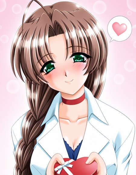 masterpiece, best quality, amazing quality, very aesthetic, absurdres, official art, ultra detailed, game cg, 
1girl, solo, shinohara_shizue, green eyes, brown hair, long hair, ahoge, braid, large breasts, gleaming skin, BREAK 
formal white suit, white collar, red choker, blue shirt, collarbone, 
lovestruck, happy, blush, head tilt, looking at viewer, spoken heart, standing, holding heart gift, gradient background, pink background, front view, upper body, highly detailed, best hands  <lora:Shinohara Shizue v1.0-000013:1>