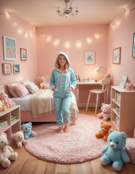 sfw,A young woman,long blond hair, standing in a cozy, pastel-colored bedroom,Girl b3dr00m, wearing a whimsical bear-shaped pajama suit. The costume is soft and fluffy, featuring bear ears on the hood, a small tail at the back, and paw-like patterns on the feet. The woman has a relaxed and cheerful expression, with her hands resting playfully on her hips. The bedroom is decorated with fairy lights, plush toys, and pastel-colored furniture, including a bed with a floral duvet, a small desk with a lamp, and a rug shaped like a star. The lighting is soft and warm, giving the scene a dreamy and comfortable atmosphere.<lora:SDXLFaeTastic2400:0.4> <lora:extremely_detailed:0.4> extremely detailed,
 <lora:Girl_b3dr00m:1>, Masterpiece,best quality,hi res,8k,hi res,8k,award winning,(sharp focus, intricate, highly detailed),
