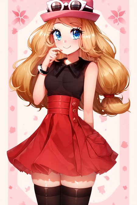 score_9, score_8_up, score_8, medium breasts, (curvy), cute, eyelashes,       BREAK, , BREAK, zzSerena, solo, long hair, blue eyes, eyewear on headwear, pink headwear, eyelashes, sleeveless shirt, black shirt, bracelet, high-waist skirt, red skirt, black thighhighs,<lora:SerenaPokemon_PDXL_r1:0.8>, <lora:Puppypaww_Style_PDXL_v2:1.0>, , BREAK,  smile, looking at viewer, cowboy shot,  embedding:zPDXL, Expressiveh, <lora:SDXLFaeTastic2400:0.5>,  <lora:Expressive_H-000001:0.4>,