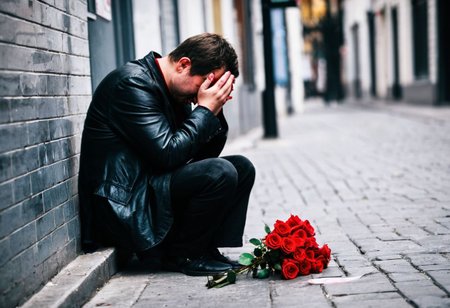 man sits with head bowed on a street pavement, in his hand he clutches a bunch of red roses, he looks like he is wiping away tears