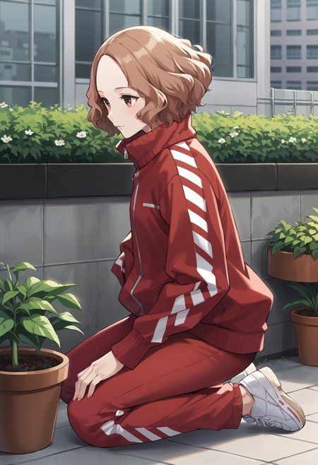 score_9, score_8_up, source_anime
1 girl, solo, cute face,
p5haru, brown hair, short hair, wavy hair,
p5haru-track, track suit, red jacket, red pants, stripes, striped sleeves, sleeves past wrists, long sleeves, zipper, striped pants, white footwear, sneakers, 
rooftap garden, cityscape, planters, plants, grenery, kneeling, watering plants, side view,
masterpiece, best quality, ultra detailed,