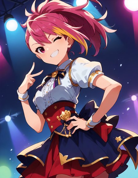 score_9,score_8_up,score_7_up,1girl,solo,cowboy shot,looking at viewer,smile,grin,wink,hand on hip,stage lights,
<lora:maihamaayumu_ponyXLV6:0.7>,mlmay,
pink hair,blonde hair,streaked hair,ponytail,pink eyes,
puffy short sleeves,skirt