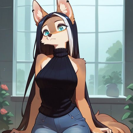 digital_media_(artwork) hi_res, score_9, score_8_up, score_7_up, score_6_up, score_5_up, score_4_up, rating_safe, beautiful, intricate, high quality details, highly detailed, amazing quality, anthro, furry, female, detailed textured fur, fur tufts, fluffy,  cute, small, detailed sexy eyes, solo, SFW, coyote, long sleeveless halter neck sweater, baggy denim pants, clothed slim, clothed slender, clothed skinny, multicolored hair, streaked hair, absurdres, highres, goth, heavy eyeliner, heavy eye shadow, breasts, Lividy_PS