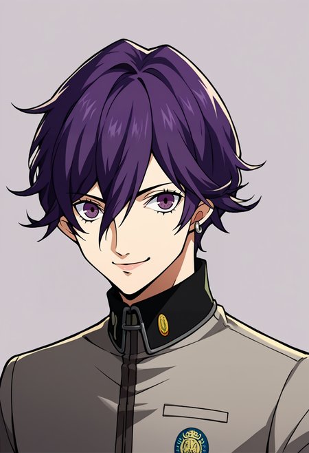 score_9, score_8_up, score_7_up, source_anime, BREAK, solo, 1boy, smile, looking at viewer,  <lora:P5-Portraits-pdxl_Fp:1>, simple background, portrait, <lora:Naoya-pdxl_Fp:1>, naoyap1, school uniform, grey pants, single earring, emblem, purple hair, purple eyes,