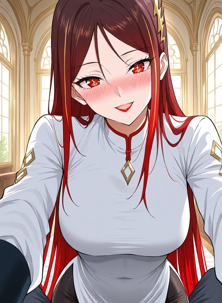 <lora:Jin_Mulan__Ultimate_Son-in-law__Illustrious:1>
1 girl, solo, long hair, red hair, gradient hair, straight hair, hair behind back, side bangs, hair ornament, golden accessory, red eyes, lipstick, 
white dress, high collar, red trim, diamond-shaped brooch, long sleeves, black sleeves, asymmetrical outfit, side slit, black leggings, tight pants, lightning-shaped hair ornament,  diamond pattern on sleeves, bodycon outfit,
score_9, score_8_up, score_7_up, score_6_up, source_anime, rating_explicit, 1girl, solo, smile, embarrassed, alcalose eyes, open mouth, mansion, indoors, looking at viewer, outstretched arms, pov, close-up, (head tilt:1.2)