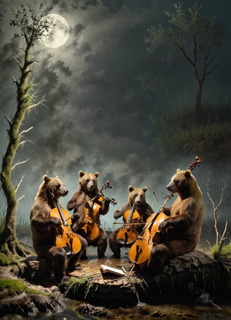 side shot quartet of bears semicircle (play classical music on classical instruments:1.3), in the swamp, In the evening, action, bottom view, 8k, F2.8, RAW Photo, ultra detailed, <lora:SDHK-XL:0.7>  <lora:Desolation:0.7>