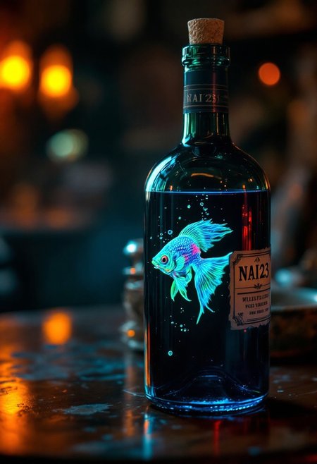 A hyper-realistic photograph of an antique, dark green wine bottle with a vintage label reading "NAI23," sitting on a polished wooden table. The bottle is filled with deep red wine that shimmers under warm ambient light, casting subtle reflections and refractions on its surface. Inside the bottle, a vibrant, neon-colored fish—glowing in shades of electric blue and bright green—swims gracefully. Its scales catch the light, creating a bioluminescent effect that contrasts beautifully with the dark red wine. The fish appears lively, its fins and tail undulating gently as if enjoying its liquid environment. Tiny bubbles rise around it, enhancing the realism of being submerged. The distorted refractions of the glass and wine slightly magnify the fish’s movements, giving it an ethereal quality. The background is softly blurred, hinting at an antique room with warm lighting and deep shadows, adding to the overall mysterious and captivating atmosphere. The scene feels like a snapshot taken by an explorer who discovered an otherworldly artifact