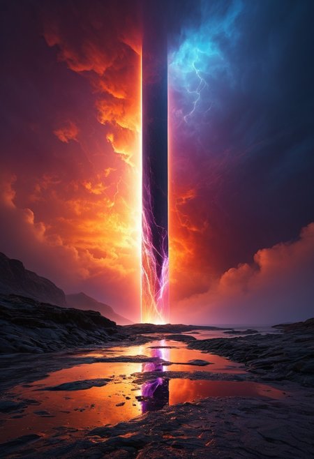 masterpiece, high quality, RAW photo, Norway, amazing nature, primeval wilderness, picturesque forest, epic sunset, bright clouds, beautiful sky, sun, desolate landscape, clean river, scenery, realistic, pristine atmosphere, photorealistic, 8K, highly detailed,
Abstract illustration, surreal fractured landscape, twilight sky with deep indigo to fiery orange gradient, towering geometric shapes resembling shattered glass and steel beams, inner light glowing within structures, dark polished surface reflecting light, ethereal swirling fog in muted purples and blues, vibrant golds and reds in the distance, bursts of light and shadow creating dynamic contrast, white beam of light piercing the sky symbolizing memory and hope, abstract expressionism and digital futurism hybrid, bold colors with intense reds, blacks, golds, and silver, light casting long stretched shadows, broad sweeping brushstroke textures enhanced with digital precision, mist swirling at the base of the scene, radiant sky evoking reflection and honor, powerful and dramatic atmosphere, emotional tribute to 9/11 without banality or figures.
