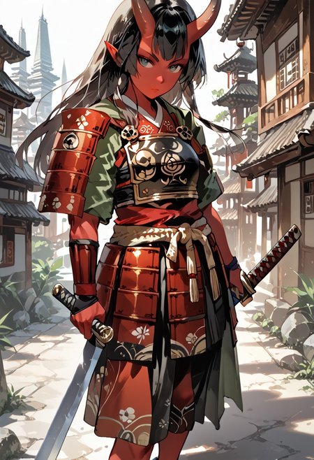score_9, score_8_up, score_7_up, rating_suggestive, tiefling, one female, single person, red skin, black hair, straight horns, red samurai armor, easynegative, negative_hand, MythAn1m3, pointed ears, ancient japanese city, standing, samurai, 
musuclar woman, amazona, full body, green black eyes, 1girl, red glowing katana,