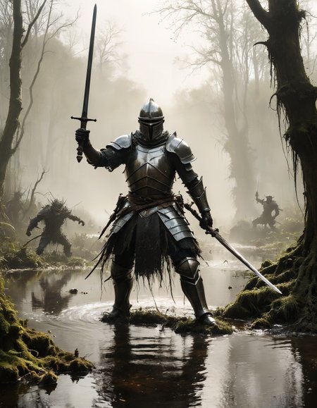 by Eugene Galien-Laloue and Ralph Steadman, hyper realistic medium full shot photo of  a (brave knight wielding a magical sword, battling a fearsome monster in a treacherous swamp:1.1),  (artistic , black-and-white , masterful:1.4), poster art, bold lines, hyper detailed, award winning,  dark limited color palette, high contrast, depth of field, (intricate details, masterpiece, best quality:1.4)
haze lighting,  looking at viewer, dynamic pose, wide angle panoramic view,
<lora:add-detail-xl:0.5> <lora:xl_more_art-full_v1:0.5> <lora:looking_at_viewer:2>