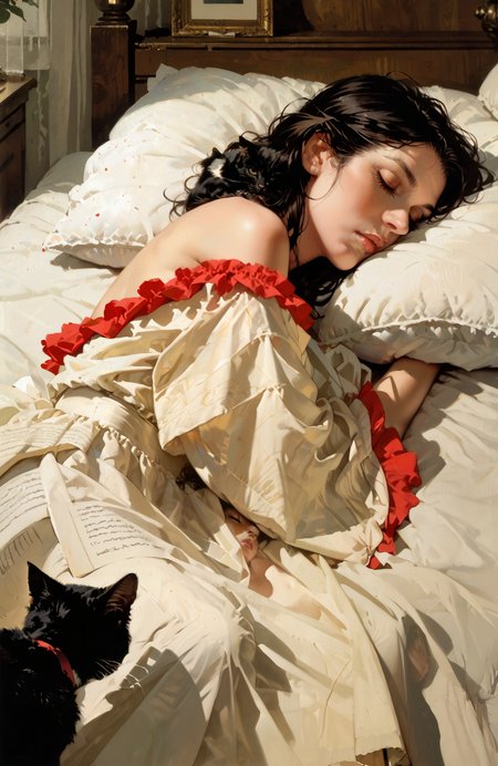 score_9_up, score_8_up, score_7_up, masterpiece, high quality, comicbook illustration, norman rockwell style, nf
by night, 1 woman, (cat sleeping),  lying on a frilly bed in a cozy bedroom, semi side view BREAK warm dim light from a bedside lamp, soft pillows and a thick duvet, a sheer curtain partially drawn over a nearby window BREAK young woman, long wavy black hair cascading over her shoulders, wearing a silky red slip dress, small breasts, saggy breasts, dreaming, cuddle the sleeping cat,
 <lora:norman_rockwell_style_pony_v6:0.8>  <lora:MythM4ngaStyle:0.8>