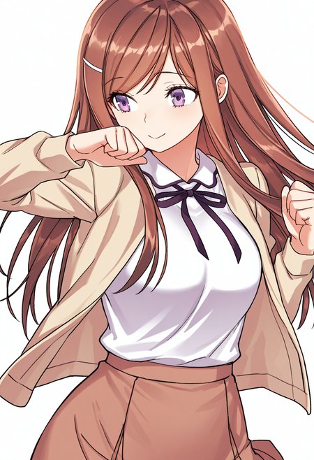 Smooth Quality,masterpiece,very intricate, high quality details, ultra realistic, high detailed skin,detailed enviorement,absurdres,
simple background, white background, dancing,skindentation, solo,dynamic angle,clenched hand,
 <lora:Dasom_Lee_CNR:0.8> dasom_cnr,  1girl, brown hair, long hair, bangs, purple eyes,hairclip,dasom_def_cnr,school uniform, shirt, long sleeves, jacket,brown skirt, neck ribbon,, traumatized,, c:,