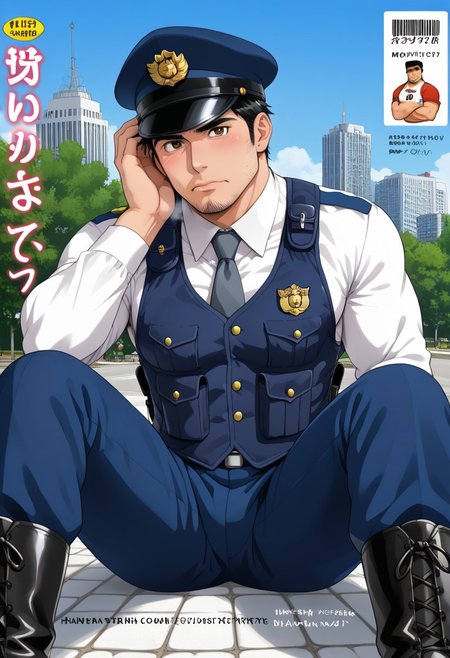 safe_pos, (manga, cover manga, Aaaild, Aaadjd, cover, cover page, magazine cover:1.4), safe_pos, perfect anatomy, perfect proportions, best quality, masterpiece, high_resolution, high quality, (solo focus, male focus, male only, bara, gay, homo:1.3), (mature, masculine, manly, virile, macho, hunky, rugged, middle-age, daddy, dilf, bulky, bear body type, stocky:1.2), handsome, alluring, seductive, heroic, serious, grim, stern, unsociability, bluntness, gruffness, look at viewer, BREAK asian man, japanese male, dark eyes,  black hair, sideburns,(unkept facial hair, stubble, chinstrap beard:1.3) buzzcut, BREAK (Japanese Winter Police Uniform, HannekenJpPcWt06, white collared shirt, grey blue necktie, rank insignia, rank slides, long sleeves, Taijinbogofuku vest, stab vest, Walkie-Talkie, hip holster, dark blue pants, black boots, dark peaked cap, single traffic armbande:1.4), BREAK lying on ground, lying on back, relaxed pose, leaning slightly, one knee bent upward, legs spread, ass visible through thighs, hand supporting head, contemplative expression, guarded posture, intense blushing, horny, kinky, domination, heavy breathing, enticed, sweaty shiny skin, shading, countershading, dark atmosphere, outdoors, japanese modern city, park, nature, night