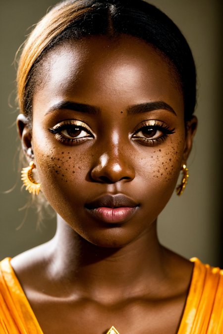 an eye contact of a Ugandan woman, lonely, Lavish, cat eye liner, metallic lipstick, golden ratio, Almond-shaped eyes, Freckles, indietronica, soft lighting, bokeh