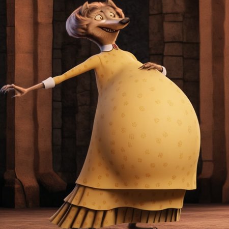 1girl, female, werewolf, brown hair, brown fur skin, big belly, furry, dress,