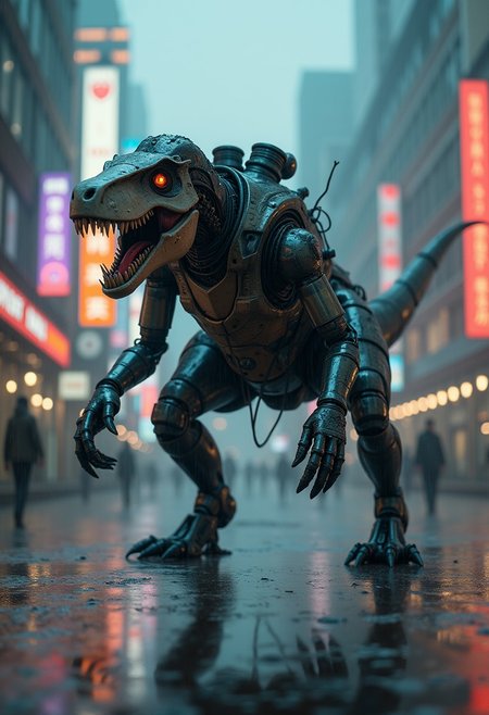 a cyberpunk robot dinosaur, with robot joints, body made of metals, cables and wires, with shoulder-mounted machine guns, stalking down a misty cyberpunk city street in the rain, neon advertising signs, silhouetted in the gloom.  Perfect Composition, realistic photographic image, RAW photo highest quality, perfect directional lighting, bokeh