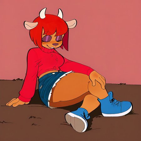 , 1girl, Lammy Red hair, orange fur, furry bob cut, anthro, cow horns, red sleeves jean skirt blue sneakers ,