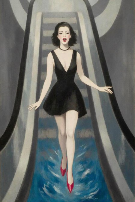 malau1 painting .
a woman in a chic little black dress and vibrant red high heels, gracefully descending an escalator. She wears black lipstick and is screaming. Her attire exudes elegance and sophistication, with the red heels providing a bold pop of color against the classic black dress. The escalator itself, typically found in a mall or airport, leads downwards into an unexpected and dreamlike destinationâ -- pool of rippling water. The water is blue and ripples as the escalator's steps disappear beneath the surface. The woman's posture is poised and confident, as she seems unperturbed by the unusual surroundings. The overall atmosphere is a blend of high fashion and surreal fantasy, capturing a moment that is both elegant and otherworldly, 
  <lora:malau1_cap_d6a3e12:1.0><lora:825117214173575169:0>