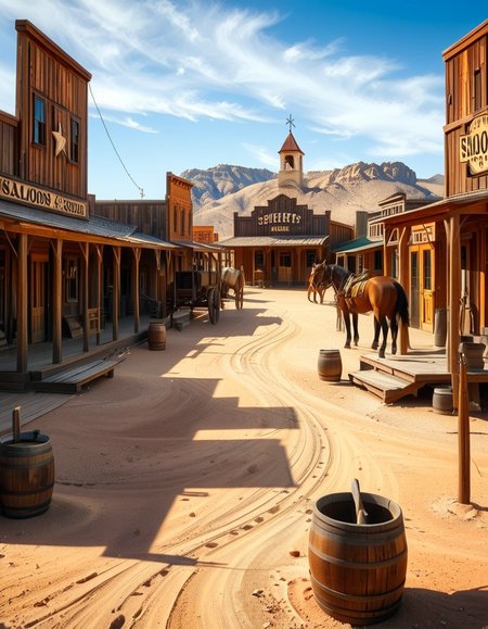 A classic Wild West town in the late 1800s, surrounded by arid desert and towering rock formations. The dusty main street is lined with wooden buildings, including a saloon with swinging doors, a sheriffâs office with a star emblem, a general store with a wooden sign, and a blacksmithâs shop with tools hanging outside. Old-fashioned wooden wagons are parked along the street, and a few horses are tied to hitching posts. The atmosphere is lively, with cowboys wearing wide-brimmed hats, boots, and leather dusters walking around, some talking near the saloon while others ride horses. The sky is bright blue with a few wispy clouds, and the sunlight casts long shadows on the ground. In the background, a water tower stands tall, and a windmill slowly turns in the breeze. The scene is full of rustic details, evoking the adventurous spirit of the American frontier.<lora:SDXLFaeTastic2400:0.4> <lora:extremely_detailed:0.4> extremely detailed, <lora:Western_v1ll4g3:1>,Western v1ll4g3, Masterpiece,best quality,hi res,8k,hi res,8k,award winning,(sharp focus, intricate, highly detailed),