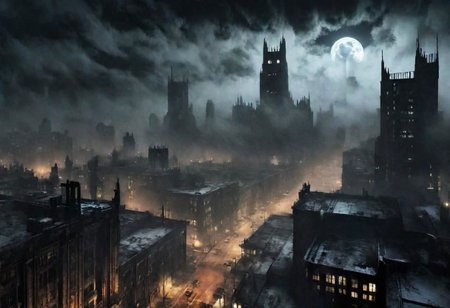 EdobHorrorLandscape,
A landscape of Gotham city at night,
hopeless, nightmare,
fog,
winter,