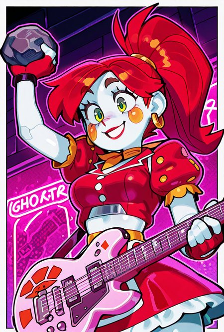 <lora:ilglambab-10:1> glambab, white skin, 1girl, red hair, ponytail, wide smile, earrings, short puffy sleeves, red fingerless gloves, red dress, red lips, green eyes, midriff, red nose,  ((dynamic pose)), midriff window,, animatronic, faceplates, line on face, dutch angle, tilted angle, neon lights, on stage, holding rock guitar, cyberpunk, rocking out, worm view, from below, side view, <lora:Wamudraws_Style_Ill:1> artist:wamudraws, masterpiece, best quality, amazing quality, very aesthetic, absurdres, newest,, upper body, halftone effect, white borders, abstract background:1.2,