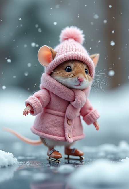 A realistic photo of a small, lifelike cute mouse dressed in a cozy winter-themed outfit with a touch of pink, featuring a pink woolen coat, a scarf, and a hat with a pink pom-pom. The mouse is skating on a frozen miniature pond surrounded by a snowy forest. Small ice skates are strapped to its feet, and snowflakes are gently falling around. A winter wonderland scene. The atmosphere is magical, with a soft, storybook-like photography style capturing the joy of a winter day.