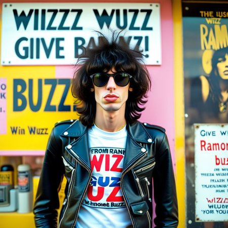 Joey Ramone from the Punk Bank The Ramones.   with a sign with text "Wizz, Wuzz, Give Buzz!"