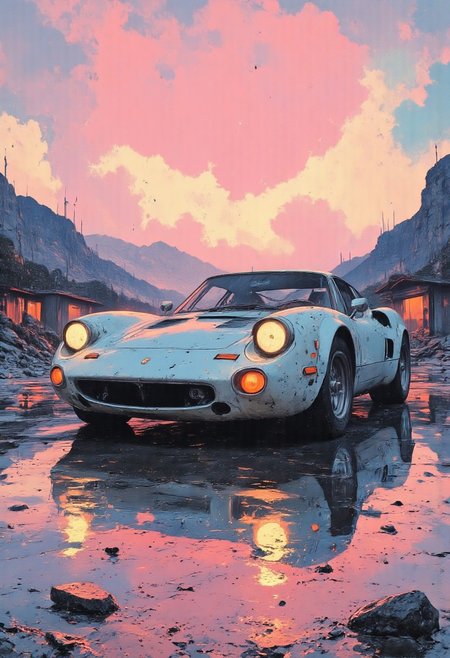 a sports car standing on a perfectly smooth surface that reflects it, creating a mirror effect. Front view. The 90's Ferrari is done in a bright style with an emphasis on white and pink and blue hues, a futuristic atmosphere. The background shows a sunset with soft pink and orange colors and silhouettes of mountains