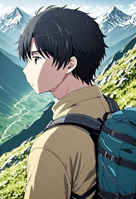 high resolution, solo, best quality, 1Boy, Inaho Kaizuka, Black Hair, landscape, looking away, high mountain, hiking gear, shallow depth of field, OverallDetail