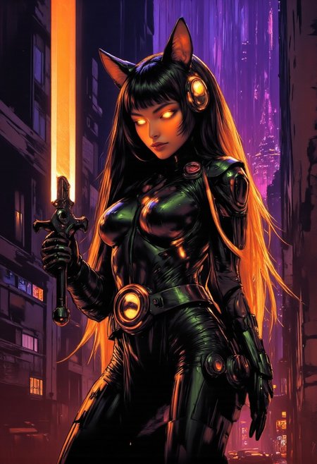 comic style, Female cyborg knight with loose black hair with orange fade in power armor, holding a glowing sword, glowing-neon-trim, cyberpunk, portrait, glowing slit-pupil eyes, razr kitty style mechanical cat-ear headphones, cybernetic limbs, cyberpunk neon city background, rain, detail,