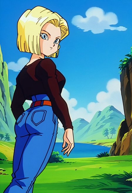 score_9, score_8_up, score_7_up, score_6_up, score_5_up, score_4_up, ((fFaceDetail)), source_anime, anime screencap, anime coloring, retro artstyle, tall skinny slender slim cyborgc18dbz, 1girl, blonde hair, blue eyes, short hair, earrings, cute butt, perfect butt, bubble butt, toned body, toned forelegs, outdoors, back roads, dutch angle, looking at viewer, perspective