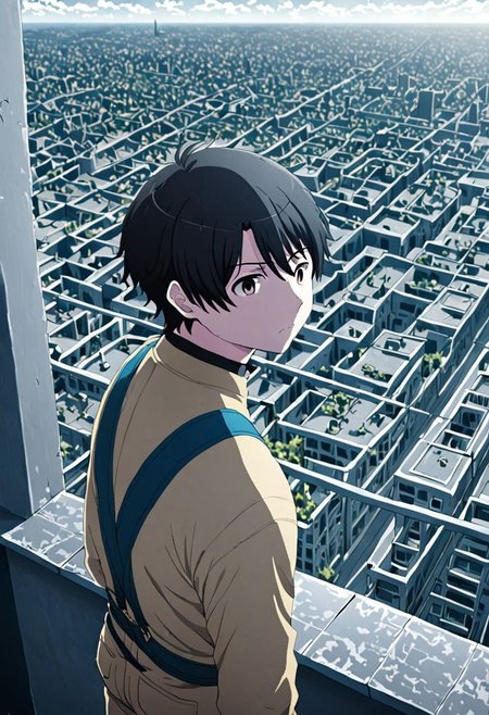 high resolution, solo, best quality, 1Boy, Inaho Kaizuka, Black Hair, high-rise, top of building, landscape, depth of field, OverallDetail