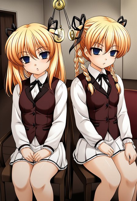 Itsuki and Imi being hypnotized,
score_9, anime, 2girls, lewd, smooth, 
mind control, hypnosis, hypnotic pendulum, (looking at pendulum), pendulum hanging from center, empty eyes,
side by side, (shoulder to shoulder), sitting, couch, sl0uch1ng, slouching,
Itsuki＆Imi, blonde hair, twins, siblings, blue eyes, twintails, braid, ribbon, sisters, twin braids, hair ribbon, long hair, chair, short stack,