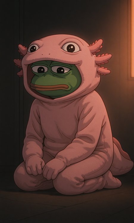 embedding:IllusP0s, axolotl costume, pepe, sad, contrast lighting, kneeling, arms by side,<lora:Maid Magic_PEPE.safetensors:0.8:0.8> <lora:axolotl costume_illustrious.safetensors:1:1>