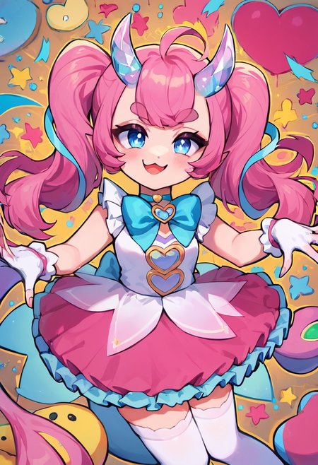 score_9, score_8_up, score_7_up, colorful, masterpiece, perfect face, post processing, slender thighs, skinny, 
circus bedroom background, daytime, looking at viewer, 
Cute pose, dancing, 
smug face, (pastel colors), 
(chibidokidef, light pink hair, bow, thick eyebrows, horns, gloves, tail, pink skirt, white thighhighs, choker, light blue eyes),
1 girl, solo, Expressiveh, AissistV2