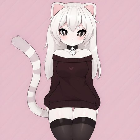 Naomi,  large eyes with gradient colors of pink, wearing an off-the-shoulder black sweater with a small heart detail, fur with light stripes, a choker necklace with a cute charm, cat tail, tail, 1tail, animal tail, black eyes, white skin, white hair, furry, perfect quality, masterpiece, best quality, 4K, Black stockings,Serious face, tall, 25 years , 
<lora:PonyMinimalStyle:1>,