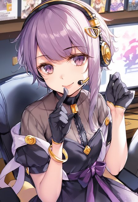score_9, score_8_up, score_7_up, best quality, masterpiece, 4k, uncensored, prefect lighting, rating_explicit, very aesthetic, source_anime, BREAK,
1girl, solo,
<lora:YuzukiYukari_Rei_Pony_V1:0.9>yuzuki yukari, purple eyes, lips,  purple hair, short hair with long locks,  sidelocks, headset, microphone, headphones, 
dress, shawl, black dress, short sleeves, puffy short sleeves,  black bow, hagoromo, half gloves, rabit food,
bangle, gloves, black gloves,bracelet, jewelry,
from above,, looking back,, upper body,,
(mature female), (large brests),cute , kawaii,
blush, smile,  looking at viewer, (sitting on a chair), 
Streamer room, gaming chair, gaming PC, game equipment, controller, TV monitor, PC monitor, headphones, headset, anime poster, game poster,