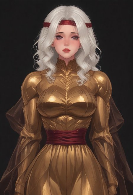 (score_9, score_8_up, score_7_up), source_anime, anime, female (dark red skin) white hair, burgundy eye color, black eye sclera, layered clothing, waist-high, black background, woman, forehead, headband  (big breasts:1.2) (golden armor:1.1) (muscular body:1.8) white tight skin (fleshy lips:1.5) (thin waist:1.5).