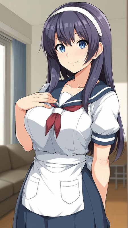 score_9, score_8_up, score_7_up, BREAK (source_anime:1.2), best quality, masterpiece, uncensored,ultra detailed,unreal engine 5,8k,studio lighting,in living room, 
 1girl,solo,seductive smile,
<lora:yuina_xl:1> yuina, long hair, blue eyes, hairband, purple hair,
standing,upper body, serafuku, apron