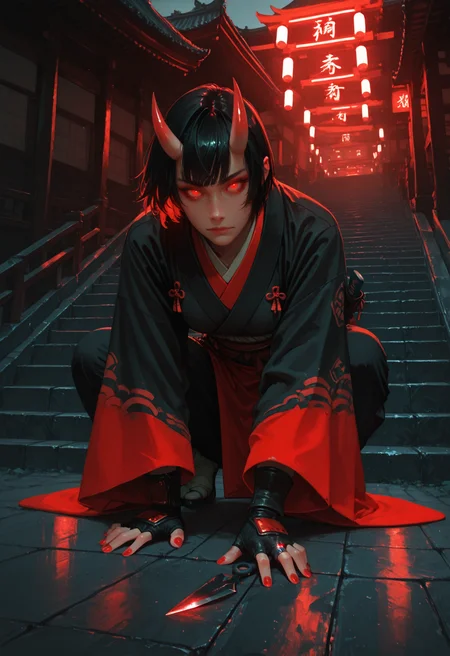 1girl, solo, horns, gloves, kunai, fingerless gloves, weapon, red eyes, black hair, oni, holding, black gloves, looking at viewer, stairs, wide sleeves, glowing, nail polish, japanese clothes, knife, holding weapon, long sleeves, short hair, all fours, closed mouth, fingernails, outdoors, glowing eyes, neon lights, hand on ground, holding knife, east asian architecture, squatting, jewelry, pants, kimono, jacket, skin-covered horns, eyeliner, partially fingerless gloves, ring, red nails, <lora:Detailer_NoobAI_Incrs_v1:0.75>, masterwork, masterpiece, best quality, dynamic lighting , dynamic pose,,  dynamic angle, , , (realistic:1.2), (lineless:1.2), detailed,  , aged up, adult, depth of field, dynamic lighting, blurry, cheekbones, <lora:zy_illustrious_Realism_Enhancer_v1:0.5>