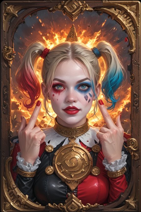 score_9,score_8_up,score_7_up,
hyper-detailed, masterpiece, best quality,realistic details,
cards, tarot, graphic frame, illustrative, obsidian, skeuomorphism, detailed, upper body, Harley Quinn from DC, colored smoke, guns, bullets, explosives, birthday firecrackers, middle finger,
<lora:sdxl_lightning_8step_lora:1>
<lora:DM_CB:1>
glowneon<lora:glowneon_xl_v1:1>