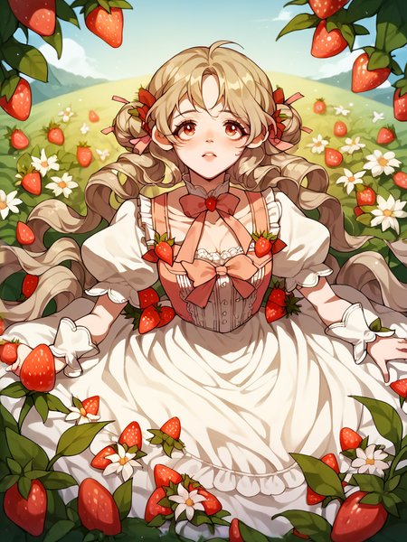 score_9, score_8_up, score_7_up, score_6_up, score_5_up,  <lora:lalangheejXLP:1> lalangheej, 1girl, puffy sleeves, dress, strawberry,