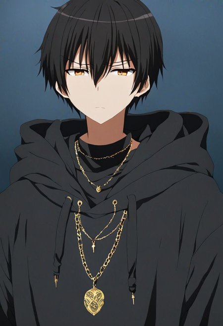high resolution, solo, best quality, 1Boy, Kanie Seiya, Black Hair, bangs, necklace, choker, hair between eyes, Hoodie, OverallDetail