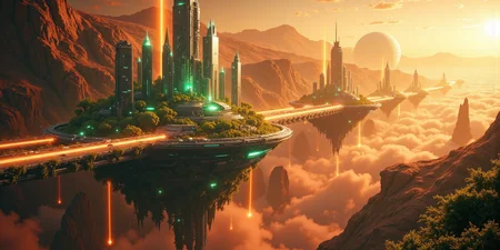 Suspended in the vast expanse of space, a mesmerizing chain of islands drifts serenely in orbit around the red planet, Mars. Each island hovers at a different altitude, their surfaces adorned with lush, emerald foliage that flourishes beneath the glimmering force fields enveloping them like protective shields. The shimmering barriers ripple like liquid light, refracting the harsh glow of distant stars and painting the sky with an ethereal iridescence.
Expansive land bridges connect these celestial wonders, their structures crafted from advanced alloys that gleam under the golden radiance of a nearby sun. Towering skyscrapers, sleek and futuristic, rise like monolithic sentinels from the dense greenery, their crystalline facades pulsing with streams of neon energy. Some seem to touch the heavens, their uppermost floors disappearing into the wisps of cosmic mist that swirl around them.
Above and below, sleek shuttles weave through the intricate pathways of this orbital oasis, descending gracefully toward the Martian surface in choreographed arcs of propulsion and light. Each craft leaves behind a faint, luminescent trail as it navigates through the shimmering force fields, vanishing into the crimson haze that blankets the planet below. The scene is a breathtaking fusion of sci-fi wonder and mystical grandeur, rendered in stunning 8K detail with the magic of Unreal Engine, Octane Render, and the unparalleled realism of ray tracing. It is a vision of a world where technology and fantasy entwine, suspended in the cosmos like an artistâs dream brought to life. <lora:Flux_Detailer_v3:0.8> Jeddtlv3 <lora:Test:0.8> n1t3_du5t