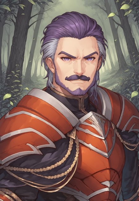score_9, score_8_up,  Duessel, facial hair, mustache, two-tone hair, purple hair, grey hair, greyish purple eyes, armor, pauldrons, looking at viewer, (lush forest), smile, smirk, cape, dynamic pose, dutch angle, portrait, side view, Expressiveh, colorful, leaves on the wind,