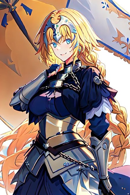 solo, 1girl, solo_focus, 
jeanne_d_arc_fgo, blonde_hair, long_hair, blue_eyes, breasts, very_long_hair, headpiece, smile, braid, gauntlets, single_braid, large_breasts, bangs, chain