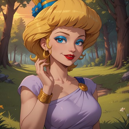 score_9, score_8, BREAK, solo, blonde hair, princess hat, blue eyes, blue eyeshadow, makeup, red lips, lipstick, wristwear, light purple dress, dark blue long skirt, sandals, Helen_of_Troy_(Hercules), sexy pose, self portrait, smile, outdoors, sunlight, shadows, evening lighting, natural lighting, forest, trees, grass, orange sky, sunset