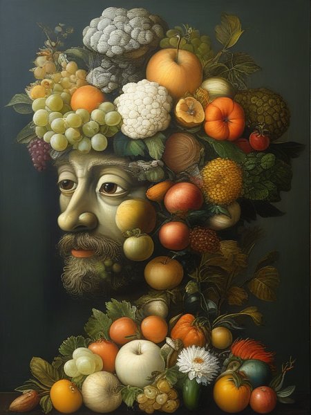masterpiece,best quality,oil painting,illustration,cat,style of Giuseppe Arcimboldo,fruits,vegetables,flowers,fish and books,<lora:tbh108-sdxl:0.9>,